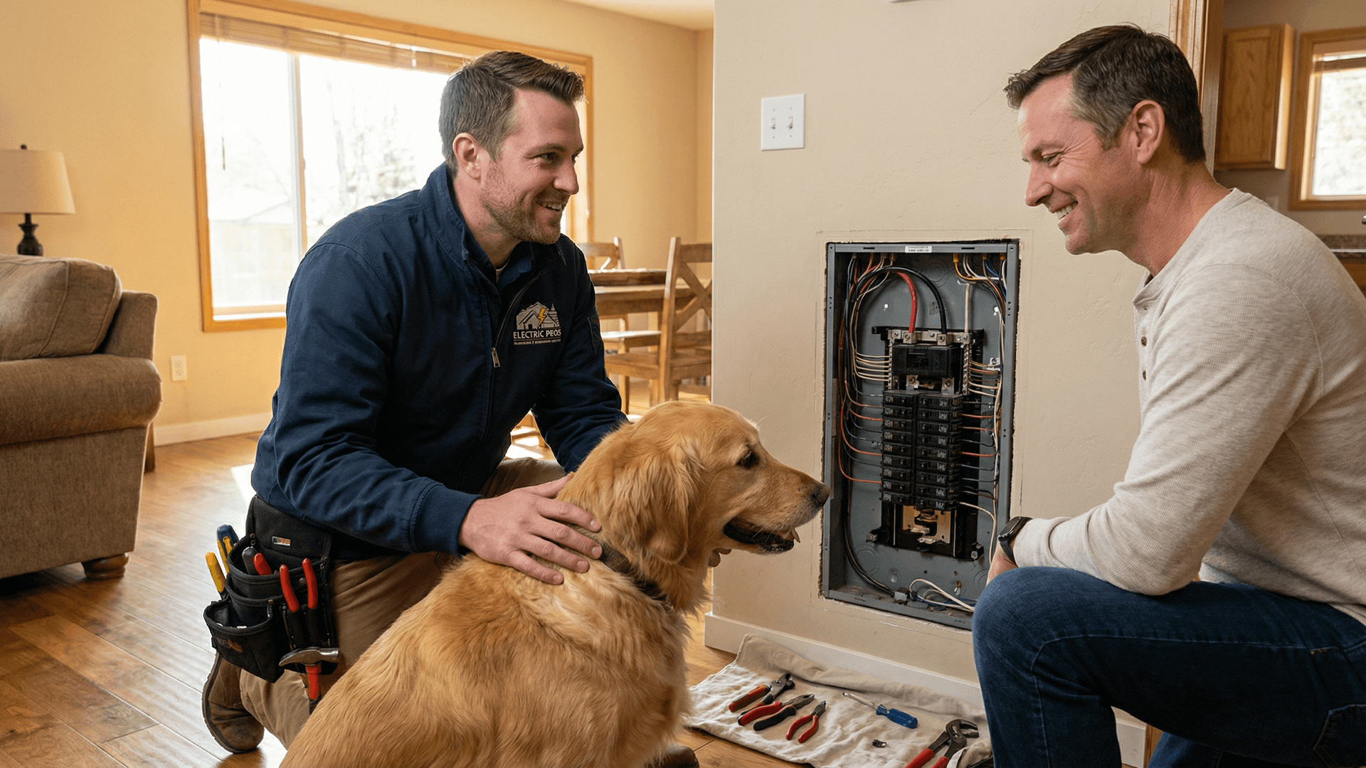 Boise Electric Pro technician in a branded uniform installs wiring at a residential electrical panel in a garage.