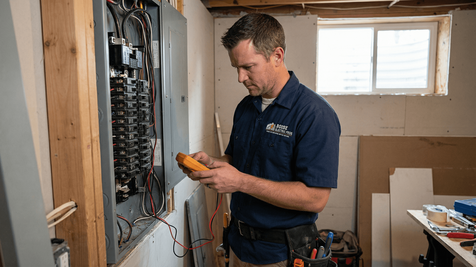 Boise Electric Pro technician in uniform installs a new wall outlet during a residential electrical service call.