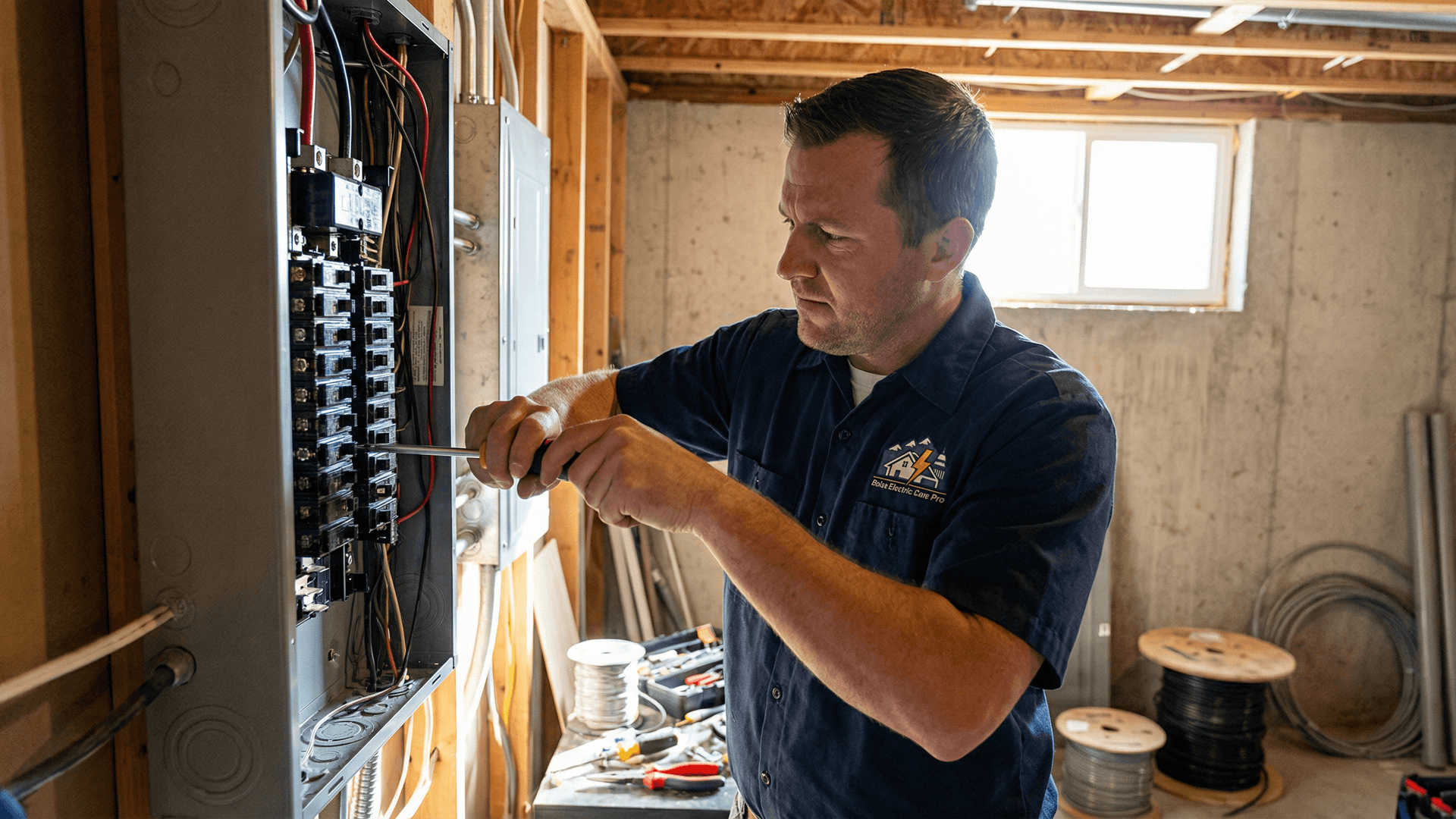 Boise Electric Pro technician in a branded uniform installs a new electrical panel at a residence in Eagle, Idaho.